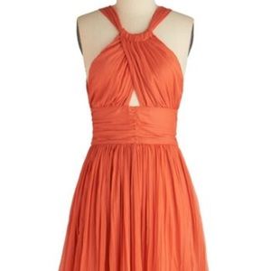 Tangerine Pleated Halter Dress